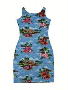 Random Print Sleeveless Round Neck Bodycon Dress - Nhiều màu - Xem 2