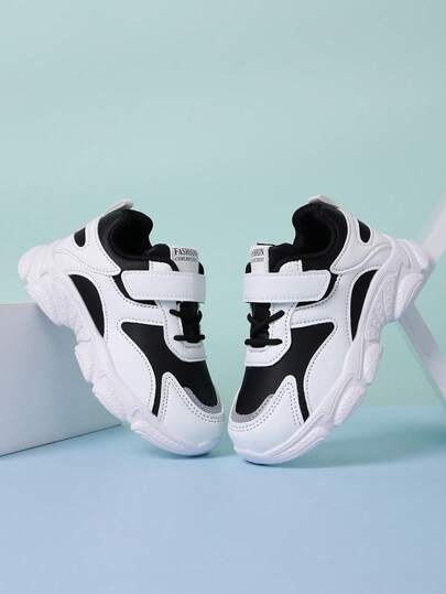 1 Pair Toddler Black & White Thick Sole Chunky Sneakers, Fashionable Contrast Design, Non-Slip, Suitable For Summer/Autumn, Campus, Outdoor, Street Wear