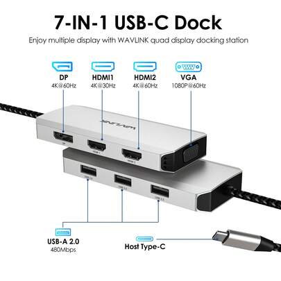 Estación de acoplamiento para portátil para múltiples monitores, Hub USB C con 2x4K HDMI+DP+VGA, Plug and Play, extiende 4 pantallas, funciona con dispositivos Apple y Windows/Linux