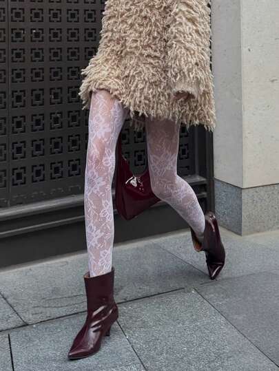 White Floral Lace Bodystocking Tights, Sheer Stretch Pantyhose, Elegant Sexy Hosiery For Night Out