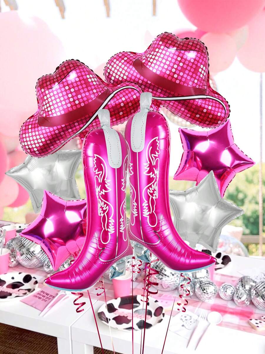 8 piezas Decoraciones de fiesta de vaquera disco, que incluyen botas de vaquero, sombrero de disco y globos de estrella de papel de aluminio; adecuado para fiesta de cumpleaños retro de los 80/90, fiesta temática "¡Vamos chicas!", despedida de soltera con tema occidental, decoración de "Último rodeo" para la despedida de soltera - Multicolor - Ver 1