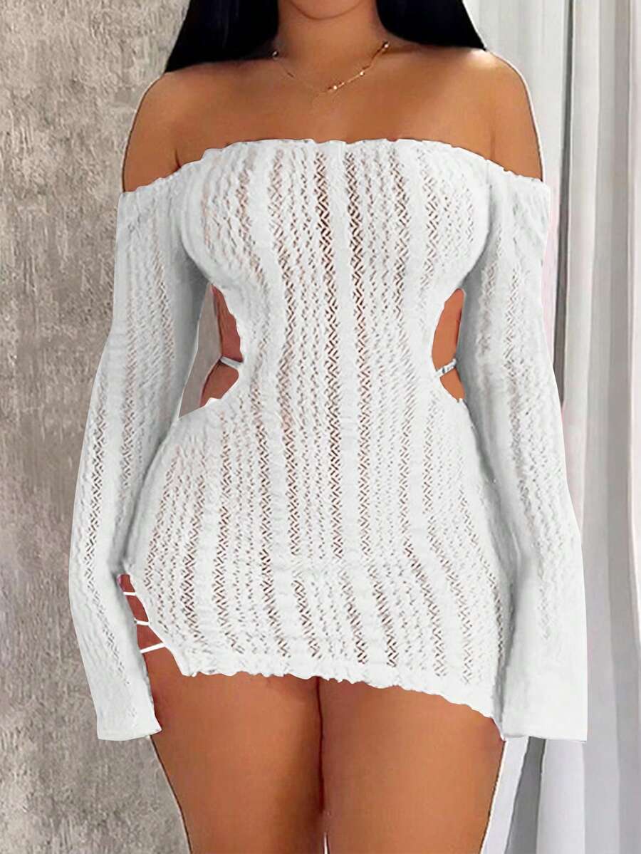 1 pieza Vestido mini blanco elegante de primavera con hombros descubiertos y diseño calado para mujer - Blanco - Ver 1