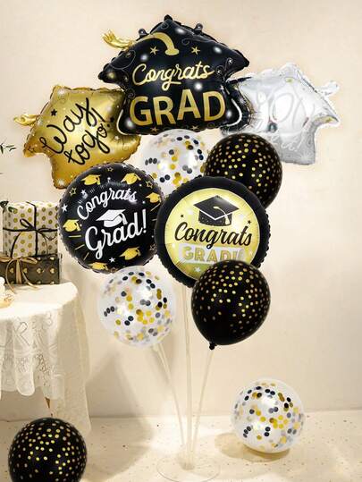 13pcs 2026 Graduation Decoration Balloon Set, Includes Graduation Gown Tri-Color Cap, Black & Gold Confetti Latex Balloons, And Graduation Foil Balloons, Suitable For University, College, High School Graduation Ceremony And Party Decorations