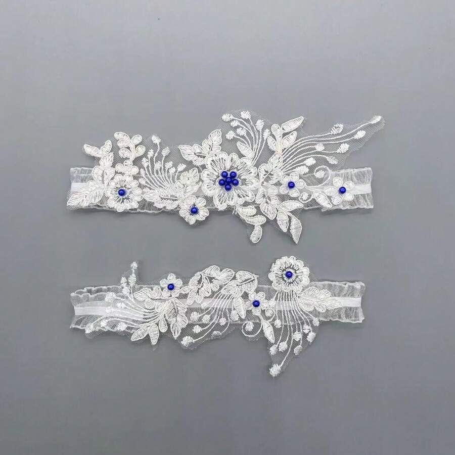 蕾丝吊袜带,饰有贴花,时尚新娘配饰,适合夏季、海滩、婚礼等场合。 - 藍色 - 查看 1