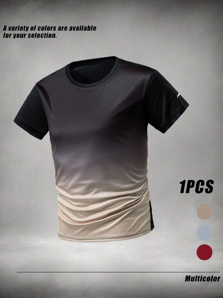 Men's Sports Fashion Slim Fit Short Sleeve Crew Neck T-Shirt, Summer Fitness Training Wear, Ideal Gift - Khaki - View 1