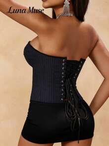 Luna Muse 女士新款复古条纹抹胸露脐上衣，黑色修身塑形文胸，Y2K 性感前卫风格，适合派对、OL、性感书呆子、夜店、通勤、约会、音乐节、圣诞节、感恩节、新年装扮、圣诞服装，可搭配迷你裙 - 藏蓝色 - 查看 5