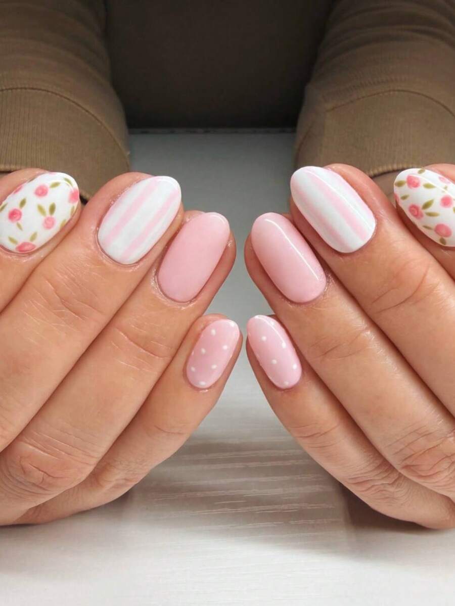 24pcs Short Oval Flower Nail Stickers, Includes 1 Gel Polish And 1 Nail File, Suitable For Women's Daily Work And Party Occasions Press On Nails - Multicolor - View 1