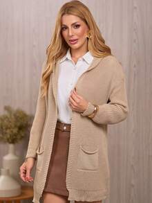Women's Winter Cardigan, Knitted Cardigan With Hood And Pockets, Long Winter Coat For Women, Casual Everyday Wear, Women's Coats - 香檳色 - 查看 5