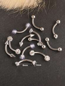 12pcs/Set 16G Stainless Steel Zirconia Curved Barbell Eyebrow Lip Ear Cartilage Piercing Jewelry Set, Suitable For Men And Women - 12-piece Eyebrow Stud Set - View 4