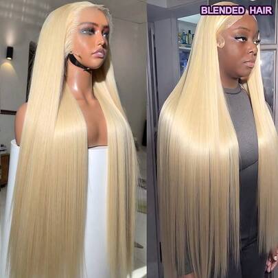 #613 金色 34 英寸 200% 密度 自然色 13x4 蕾丝前假发 波浪卷高清蕾丝前假发 真人发混纺 预先拔毛 带婴儿发 自然色真人发蕾丝前假发 女士