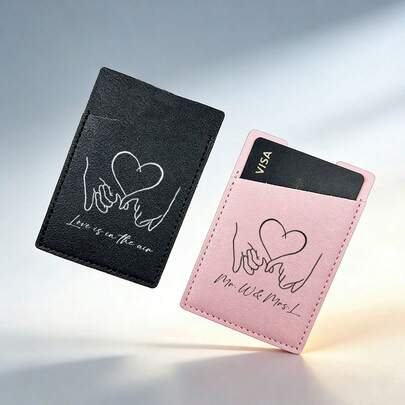 1pc Personalized Text PU Leather Card Holder, Heart Pattern, Self-Adhesive Mobile Phone Wallet, Dual Card Slots, Gift For Couples, Friends, Family, Fits Various Phone Models