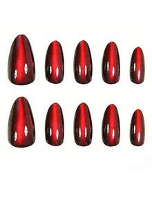 48 piezas Juego de uñas postizas de estilo gótico retro elegante con ojos de gato de cristal burdeos, manicura con estilo glitter rosa de moda Y2K, adecuado para primavera/verano, pegatinas de uñas de cobertura completa con 2 hojas de pegamento y 2 tiras de pegamento mini, entrega aleatoria - Rojo - Ver 3