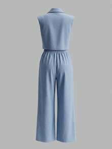 Women's Summer Fashionable Elegant Large Pocket Sleeveless Top And Loose Design 3/4 Pants Set, Utility Street Casual Style, Suitable For Commuting And Daily Outings - Light Blue - View 3