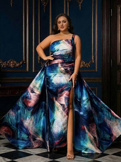 Smilprince Đầm dạ hội cỡ lớn dành cho nữ, cổ bất đối xứng, họa tiết nghệ thuật, đầm dạ hội xẻ cao nhiều màu sắc, đầm dạ hội dáng chữ A thanh lịch, đầm dạ hội sang trọng thu hút mọi ánh nhìn, đầm cỡ lớn, đầm thời trang dành cho phụ nữ có đường cong, đầm dự tiệc cưới, đầm dự tiệc.