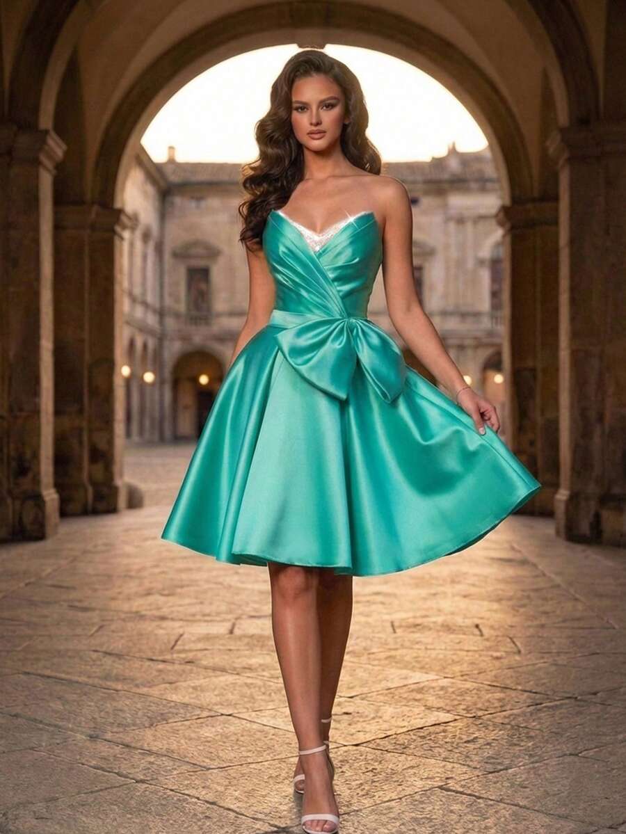 Stylish Strapless Ball Gown For Women, Sleeveless Knee-Length Flared Skirt Party Dress, Backless Wrap-Around Zipper Detail. Wedding Spring - Green - View 1