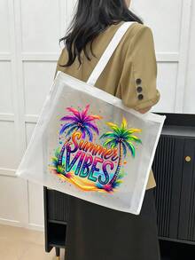 大容量網格沙灘托特包，印有「Summer Vibes」圖案，可折疊輕便防水防沙肩背托特包，透氣可重複使用，附贈配套化妝包，多功能收納包，可存放毛巾、防曬霜、泳衣、零食和化妝品，時尚夏季度假包，適用於海灘、郵輪、泳池、野餐、健身房、工作和其他場合，生日、節日、返校的完美禮物 - 彩色 - 查看 1