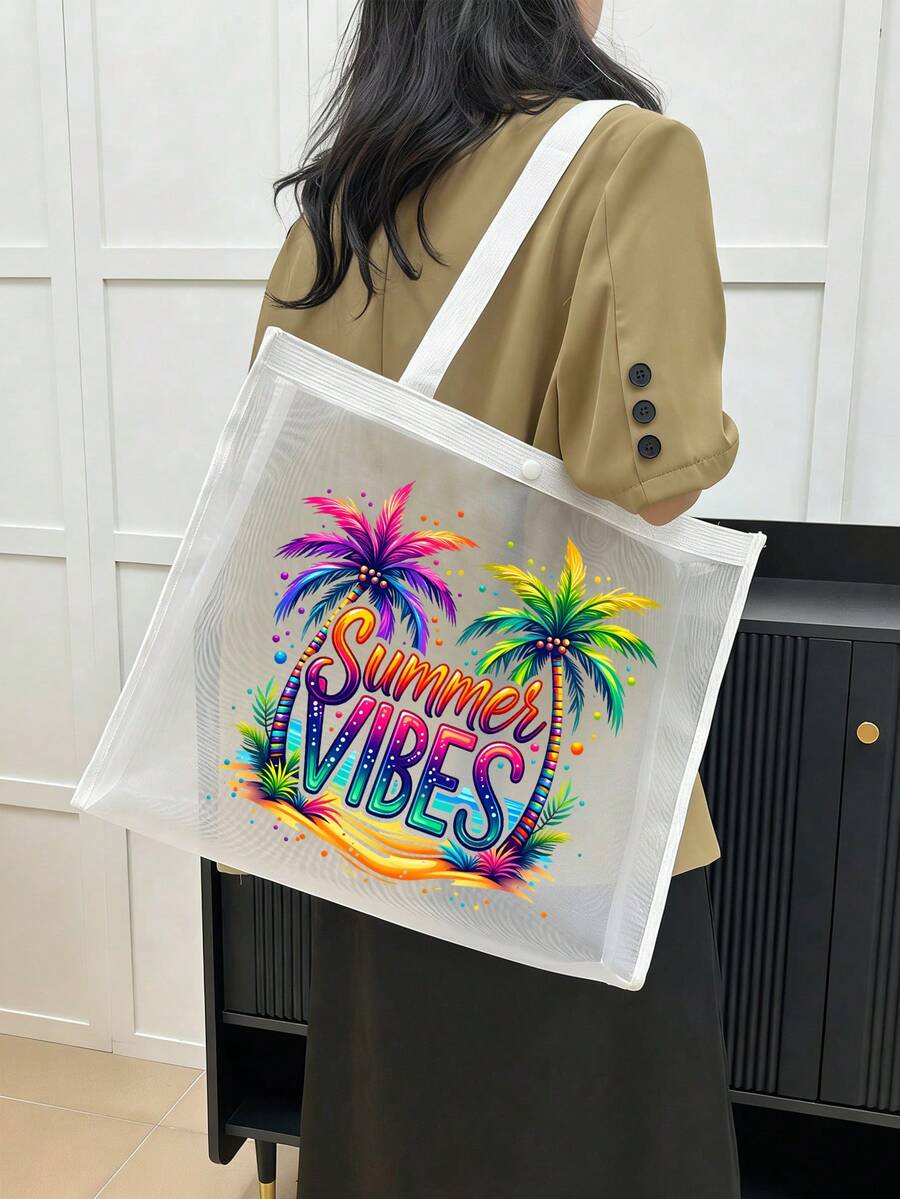 大容量網格沙灘托特包,印有「Summer Vibes」圖案,可折疊輕便防水防沙肩背托特包,透氣可重複使用,附贈配套化妝包,多功能收納包,可存放毛巾、防曬霜、泳衣、零食和化妝品,時尚夏季度假包,適用於海灘、郵輪、泳池、野餐、健身房、工作和其他場合,生日、節日、返校的完美禮物 - 彩色 - 查看 1