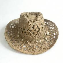 1 Stück Boho-Stil einfarbiger Perlen-Ausschnitt Panama Strohhut, lässiger Sonnenschutz dekorativer Hut, vielseitig für Outdoor-Aktivitäten in allen Jahreszeiten, Sommer, Strand, Urlaub, Reisen - Metallkette - Übersicht 5