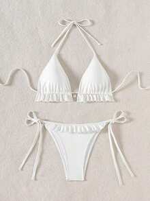 Swim Mod Women's Swimsuit, Two-Piece Bikini Set With Halter Neck, Ruffles And Bow In Solid Color For Summer - 白色的 - 查看 5
