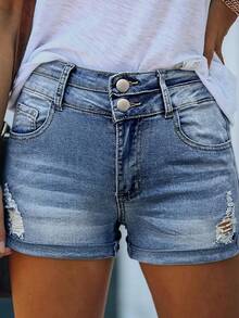 Distressed Solid Color 2-Button Denim Shorts, Pocket Design, Versatile And Stylish For Women - Light Wash - View 4