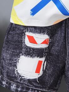 2pcs/Set Young Boys' Casual Cute Colorful Letter Print Crew Neck Short Sleeve T-Shirt Top And Faux Denim Ripped Shorts Outfit, Summer - Black - View 7