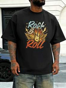 Maglietta da uomo con grafica di chitarra rock, in morbido cotone, girocollo, vestibilità ampia e comoda, stile street hip-hop. - nero - Visualizzare 1