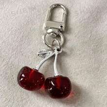 New Shiny Faux Cherry Keychain, Fashionable Delicate 3D Fruit Bag Charm, Phone Lanyard And Car Key Chain - Burgundy - View 3
