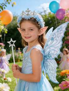 4/1 Stück - Blaues Eisprinzessin Blumenfee Party Kostüm Set - Elegante Blumenkrone Prinzessin Haarreif für Kinder, Mädchen Strass Haarreif Geburtstag Hochzeit Haaraccessoires, Mädchen Fee Set, inklusive blaue Blumenkrone Haaraccessoires, blaue Schmetterlingsflügel, Zauberstab und Elfenohren, Gender Reveal Babyparty, Babyparty Dekorationszubehör - Verschiedenfarbig - Übersicht 3