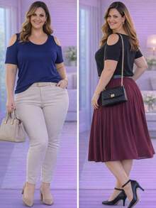 2 PIECE KIT PLUS SIZE OPEN SHOULDER BLOUSE IN VISCOLYCRA CASUAL CONTEMPORARY - MARINHO/PRETO - Ver 4