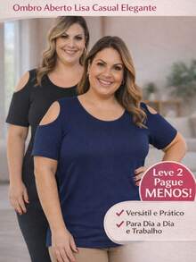 2 PIECE KIT PLUS SIZE OPEN SHOULDER BLOUSE IN VISCOLYCRA CASUAL CONTEMPORARY - MARINHO/PRETO - Ver 1