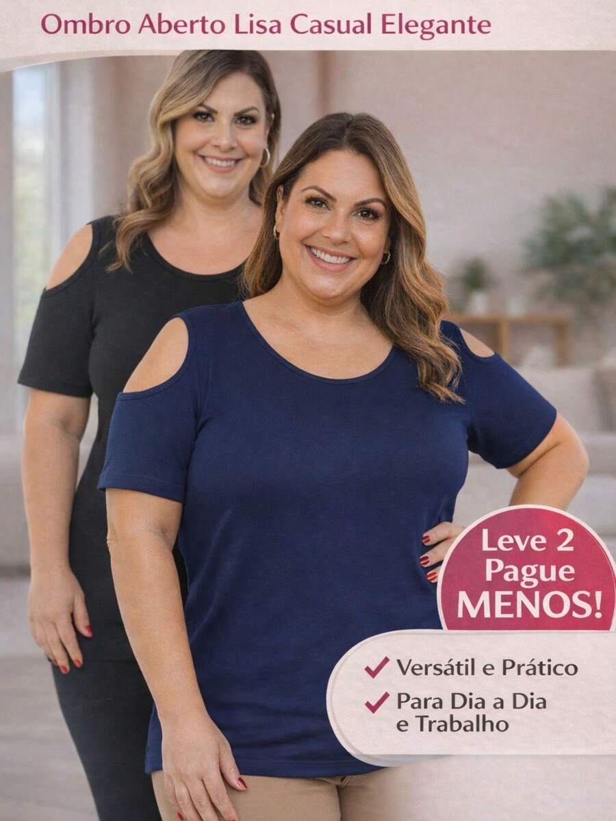 2 PIECE KIT PLUS SIZE OPEN SHOULDER BLOUSE IN VISCOLYCRA CASUAL CONTEMPORARY - MARINHO/PRETO - Ver 1