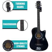 Crystals Full Size 4/4 Acoustic Guitar Set For Beginners With Carry Bag Strap Picks – 6 String Music Instrument Black - Black - View 5