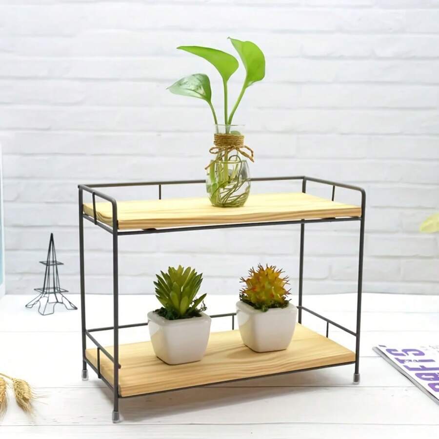 [Étagère métallique industrielle] Étagère à épices à 2 niveaux en métal et bois | Organisateur de rangement pour plan de travail avec cadre en fer poli et étagères en bois naturel, design gain de place pour la cuisine, la salle de bain, le bureau - Étagère de rangement polyvalente et durable - Multicolore - Voir 1