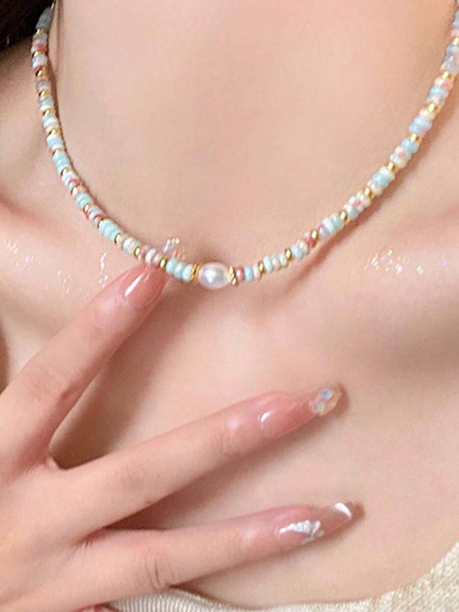 1件时尚优雅甜美仿珍珠项链，几何仿石多色串珠项链，适合女性日常、派对、节日、约会、度假佩戴，日常礼物、珠宝礼品 - 彩色 - 查看 1