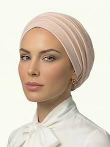 Set de 2 bucăți pentru femei, eșarfă turban clasică 2 în 1 și bandă plisată, culoare uni, design plisat de înaltă elasticitate, țesătură jersey premium, absorbție a umezelii și respirabilitate, potrivit pentru viața de zi cu zi și întâlniri, plajă, vacanță, esențial pentru călătorii - Caisă - Vizualizare 3
