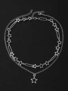 2件套个性化朋克风镂空星星双层项链女士Y2K时尚节日派对配饰礼物 - 星星 - 查看 8