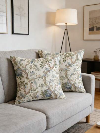 2pcs Boho Flower Bird Tree Print Throw Pillow Covers, Vintage Floral Cushion Cases, 45x45cm Linen Pillowcase For Sofa Bedroom Living Room Home Decor