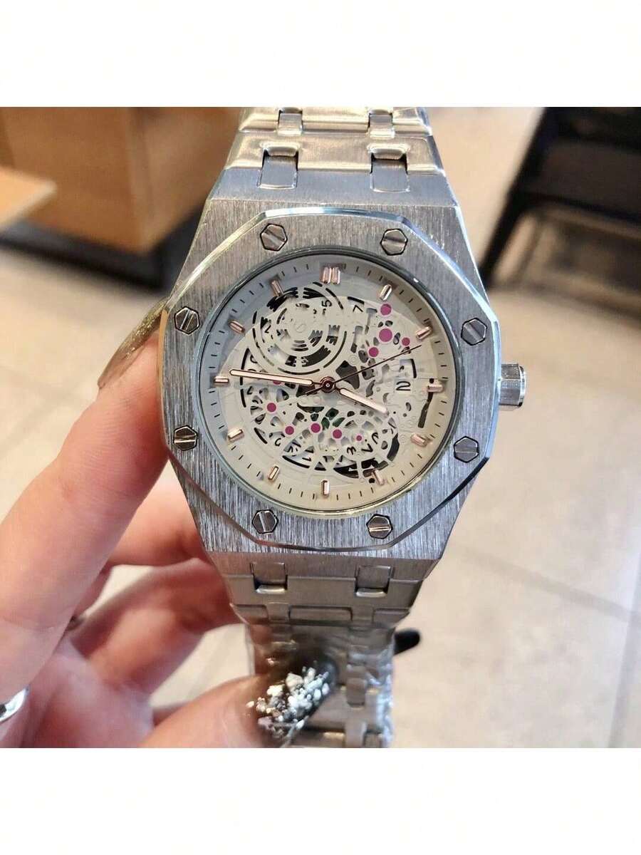 Reloj automático para mujer con función luminosa y brazalete de acero inoxidable – Casual Skeleton, 40 x 12 mm - plato blanco plateado - Ver 1