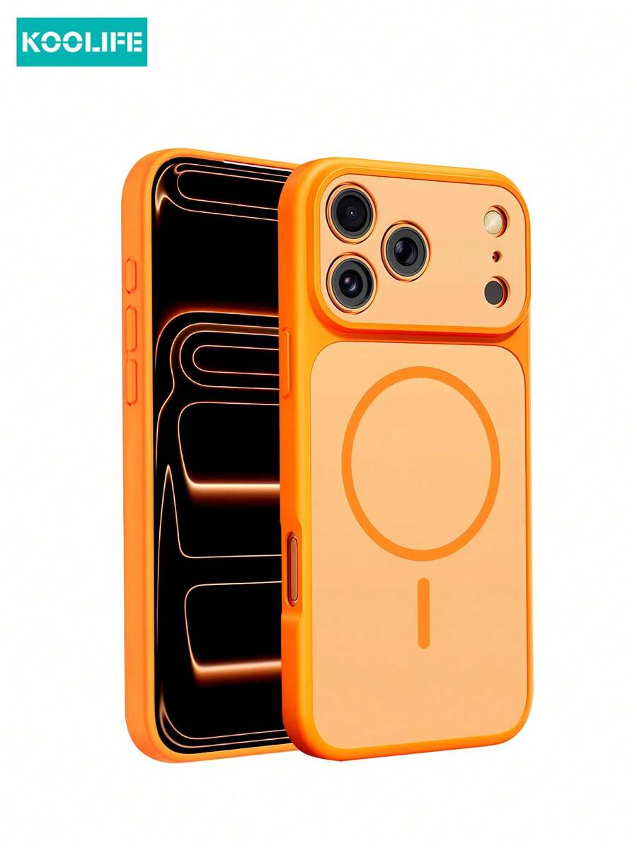 Magnetic Koolife 1pc Color Block Magnetic Case, PC+TPU, Precise Cutout, Slim Ring Magnet, Two-Tone Design, Full Body Shockproof Cover, Compatible With Apple 17/17Pro/17ProMax - Orange - View 1