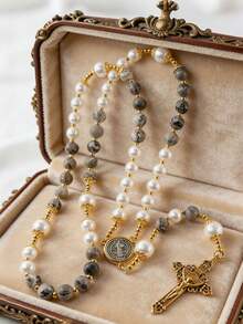 GO2CJBEADS 1pc Handmade Natural Stone Beads Rosary Cross Necklace, Classic Vintage Religious Gift, Beaded Necklace Prayer Jewelry - Z0694A - View 8