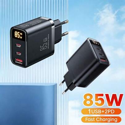 1pc 85W GaN Charger, 2 Type C + 1 USB Type-C Fast Charging QC4.0 Wall Adapter, Compatible With IPhone 17 Pro Max/17 Pro/17/Air/16/15/14/13/12/11/XS/XR/8/7/6, S25/S24/S23/S22/S21/S20 Ultra Plus, And More