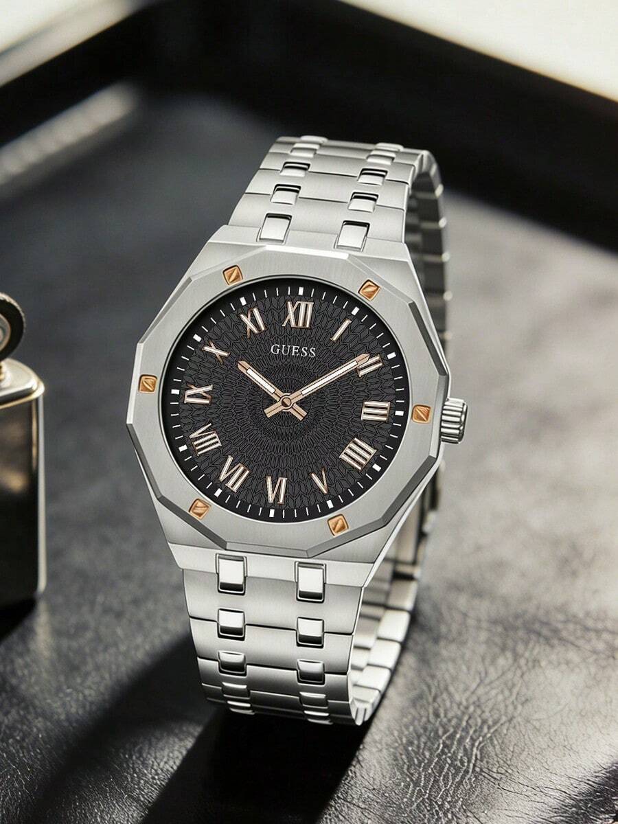 Guess 1件男士多功能多边形石英模拟手表 - 42毫米不锈钢表壳和表链，灰色表盘和银色不锈钢表带，50米防水时尚配饰 - GW0575G1 - 灰色 - 查看 1