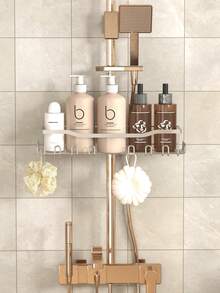 1pc Wall-Mounted Metal Shower Caddy, Bathroom Hanging Rack, Fits Most Shower Rods, For Shampoo, Conditioner And Soap Storage, Rust-Proof Overhead Shower Organizer, Suitable For Bathroom, Shower Shelf - Multicolor - View 2