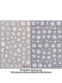 2 pezzi Adesivi per unghie 5D in rilievo - Eleganti farfalle bianche e decalcomanie floreali fresche - Lettere romantiche scritte a mano - Adatti per matrimonio, appuntamento, primavera/estate, decorazione fai-da-te per unghie per laurea - Multicolore - Visualizzare 7
