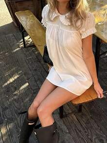Women's White Peter Pan Collar Puff Sleeve Babydoll Mini Dress, Back Button Detail Gathered Summer Casual Dress - 白色 - 查看 5