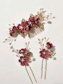 3pcs Set Wine Red Bridal Wedding Headpiece, Pink Flower Hair Comb & Hair Clip - Burgundy - View 1