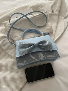 纯色褶边翻盖手提包，配有斜挎肩带和蝴蝶结装饰女士包 - 藍色 - 查看 9