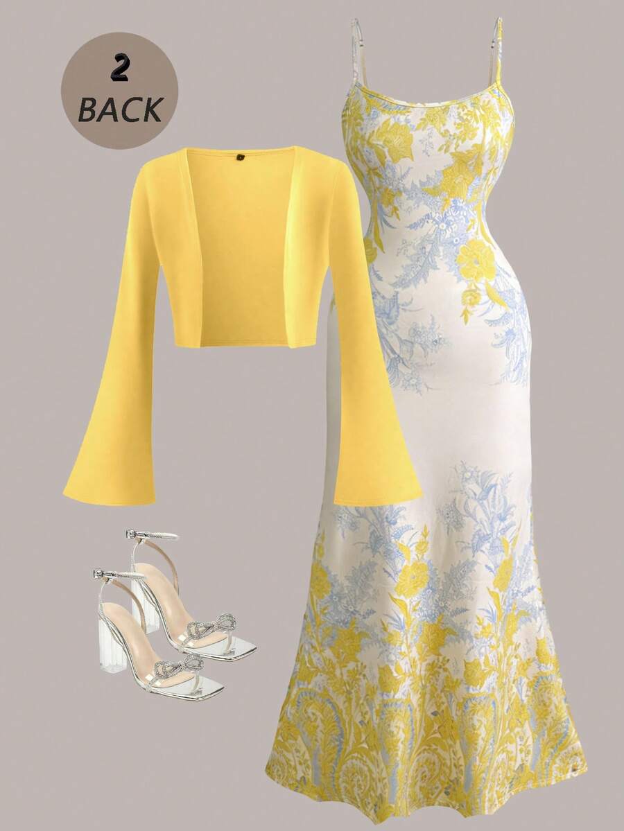 女士优雅纯色喇叭袖针织开衫+修身印花连衣裙，两件套，适合情人节、休闲派对和春季穿着。 - 黃色 - 查看 1