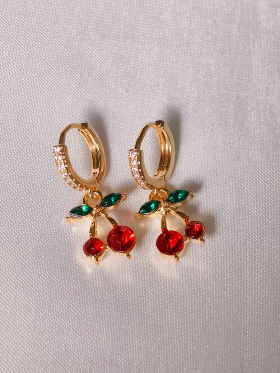 1 Pair Red Cherry Hoop Earrings, Cute & Versatile Zirconia Earrings - Red - View 1