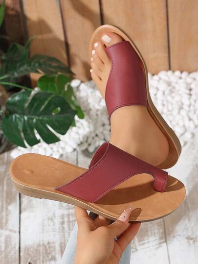 Chanclas de mujer de punta redonda, de estilo casual para vacaciones, playa y exterior, de unicolor, para primavera/verano